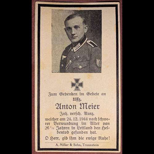 WW2 German Death Card of Anton Meier.
