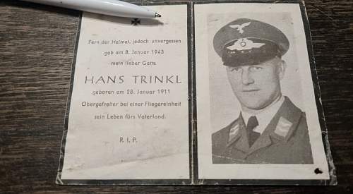 WW2 German Death Card of Hans Trinkl.