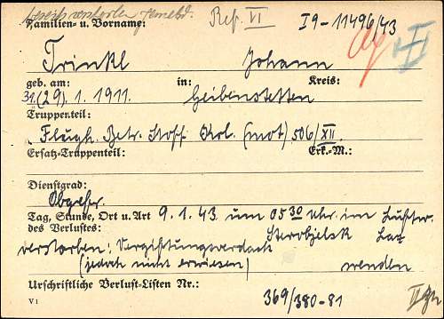 WW2 German Death Card of Hans Trinkl.