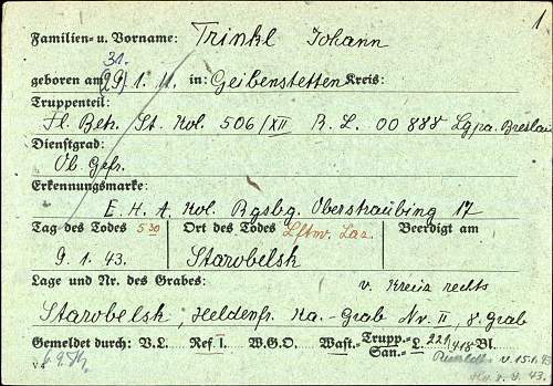 WW2 German Death Card of Hans Trinkl.