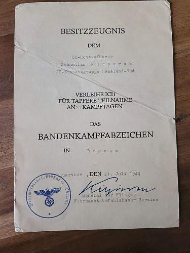 Bandenkampf Abzeichen Award Document / anti-partisan-badge award document