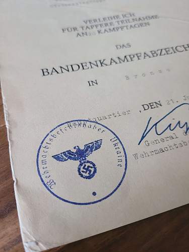 Bandenkampf Abzeichen Award Document / anti-partisan-badge award document