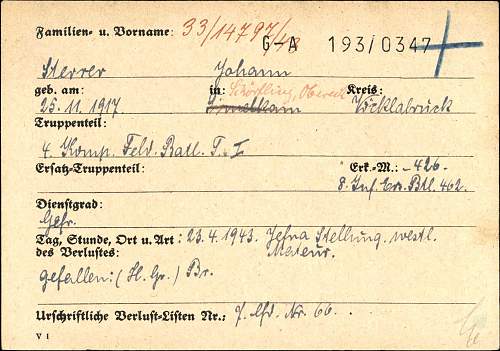 WW2 German Death Card of Afrika Korps member Johann Sterrer.