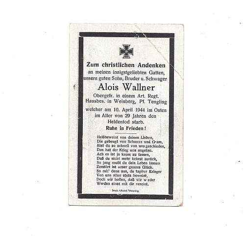 WW2 German Death Card of Alois Wallner.