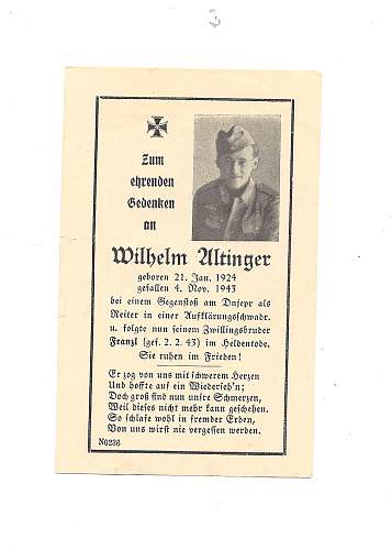 WW2 German Death Card of Wilhelm Altinger.