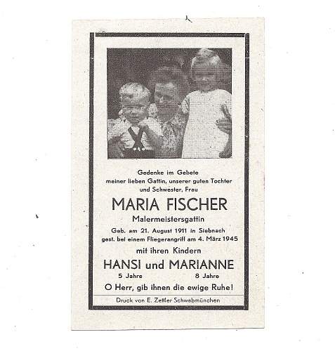 WW2 Era German Civilian Death card for Mother and two children. (Killed in Air Raid)