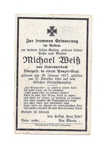 WW2 German Death Card of Michael Weiß.