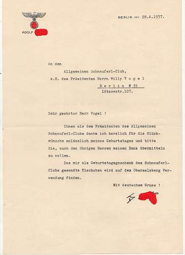 Letter of reply from the Reich Chancellery in Berlin to an automobile club