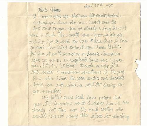 Letter Written by Young German Boy to a Former American G.I. who he had spent time with While in Germany During WW2.
