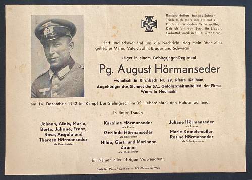 WW2 German Death Card and Wehrpaß Of August Hörmanseder.