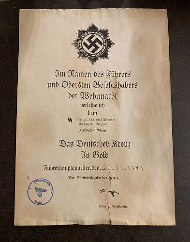 Presentation Certificate for a Deutsches Kreuz signed by Adolf Hitler