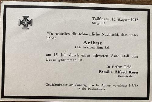 Death card for Pioniere Arthur Kern 1942.