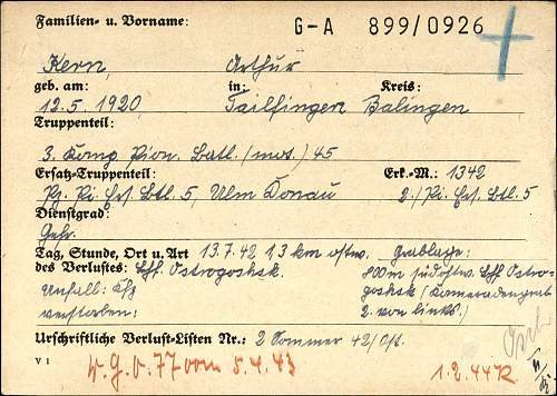 Death card for Pioniere Arthur Kern 1942.