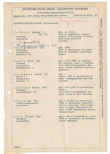 German Red Cross Sheet with List of German Civilians Abducted by Russians and Poles During and after WW2.