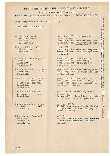 German Red Cross Sheet with List of German Civilians Abducted by Russians and Poles During and after WW2.