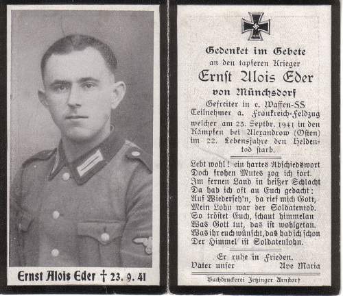 Waffen ss polizei deathcard to ernst alois eder