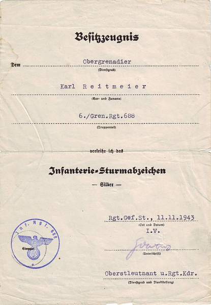 Infanterie Sturmabzeichen document &amp; Papers