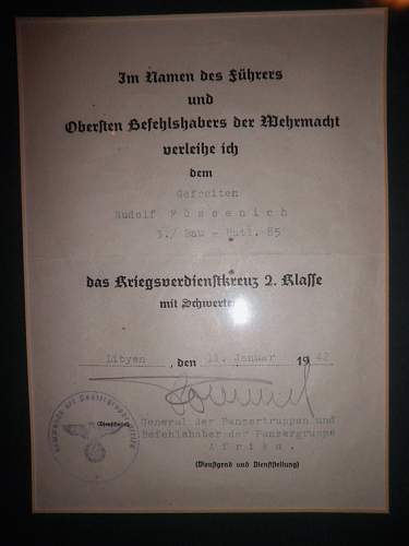 Erwin Rommel's signature on Award document