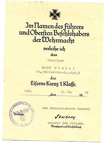 Fallschirmjäger award documents grouping