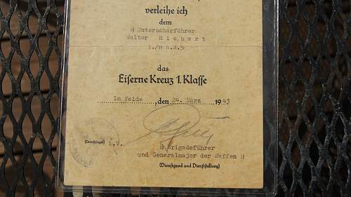 Iron Cross document signed by Gen. Gille and on the reverse by Maj. Bunning