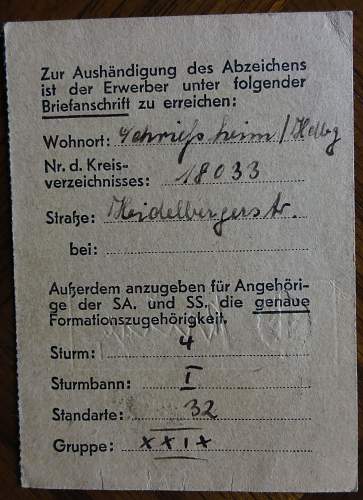 SA Sport Abzeichen document  1935