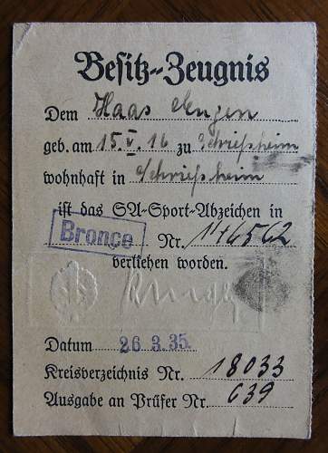 SA Sport Abzeichen document  1935