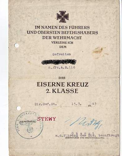 Share your Panzer Related Award Documents (Verleihungsurkunde)