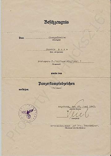 Share your Panzer Related Award Documents (Verleihungsurkunde)