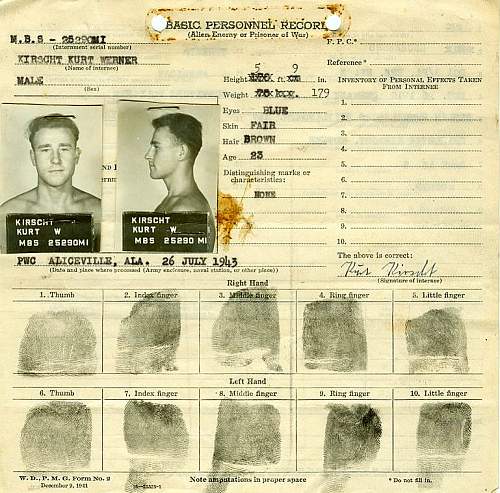 German POW  Record from US Internment camp