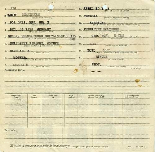 German POW  Record from US Internment camp