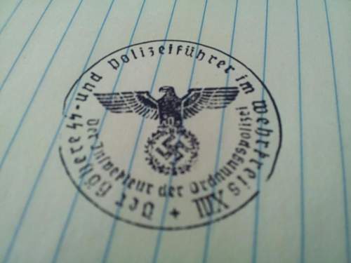 I.D. Needed  for Higher SS and Police District XIII / Inspector of Order Police document stamp...