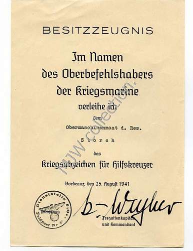 Hilfskreuzer Award Documents.