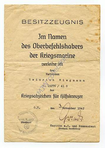 Hilfskreuzer Award Documents.