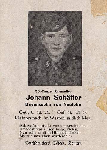 Photo and Death Card grouping of SS-P.Gren Johann Schäffer