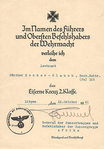Very interesting DAK paperwork group to a KIA Artillery Leutnant in November of 1941.