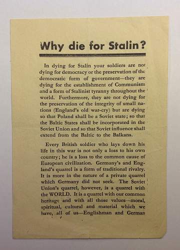 Why die for Stalin? Propaganda leaflet dropped on British troops