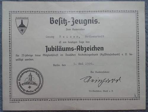 Reichskriegerbund Award Document