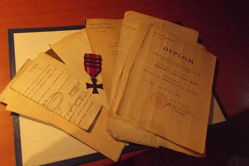 Pre-War Polish Army Officer's three bar Krzy&#380; Walecznych 1920, identity booklet, medal award certificates and school certificate (research needed), 100% original pre war  ?