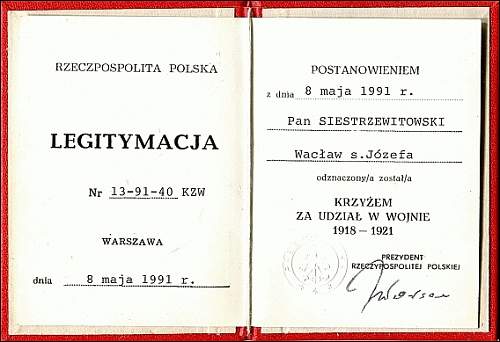 Krzy&#380; za udzia&#322; w Wojnie 1918-1921 (Cross for participation in the War of 1918-1921)