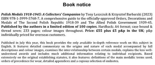 New Book Announcement: Polish Medals 1918-1945: A Collector’s Companion
