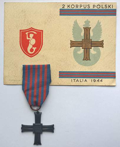 Monte Cassino cross &amp; award plus group - uniform patches, Italy Star, 1939-1945 Star, Defence Medal