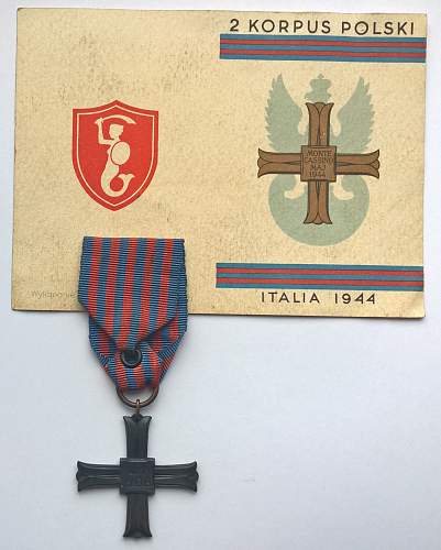 Monte Cassino cross &amp; award plus group - uniform patches, Italy Star, 1939-1945 Star, Defence Medal