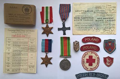 Monte Cassino cross &amp; award plus group - uniform patches, Italy Star, 1939-1945 Star, Defence Medal
