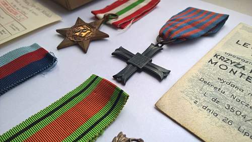 Monte Cassino cross &amp; award plus group - uniform patches, Italy Star, 1939-1945 Star, Defence Medal