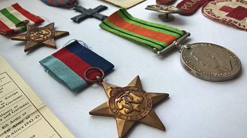 Monte Cassino cross &amp; award plus group - uniform patches, Italy Star, 1939-1945 Star, Defence Medal