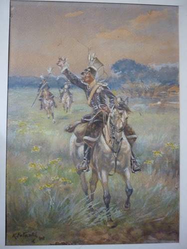 painting aquarel of Polish lancers in open field by Kazimierz Pulaski (1861-1947).
