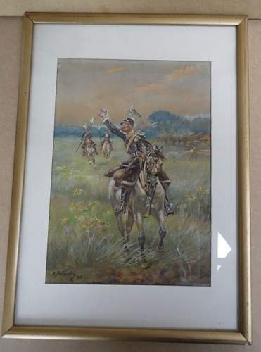 painting aquarel of Polish lancers in open field by Kazimierz Pulaski (1861-1947).