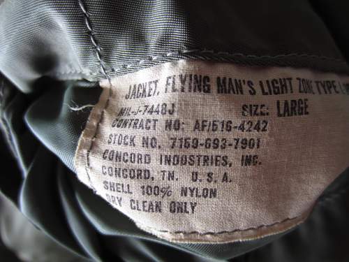 MA-1 bomber jacket with and explanation paper in the pocket