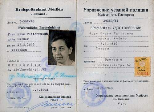 September 1945 ID card - noticeably missing the nazi eagle etc