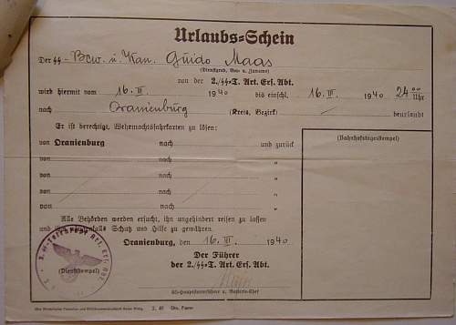 Waffen SS Temporary leave pass /Urlaubs schein